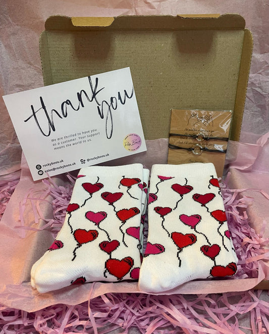 Heart Cosy Socks (2 pairs) + Matching Bracelet Gift Set